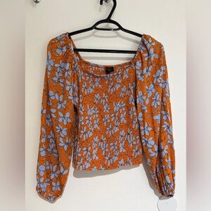 Women's Orange Floral Smocked Long Sleeve Top-Jessica Simpson